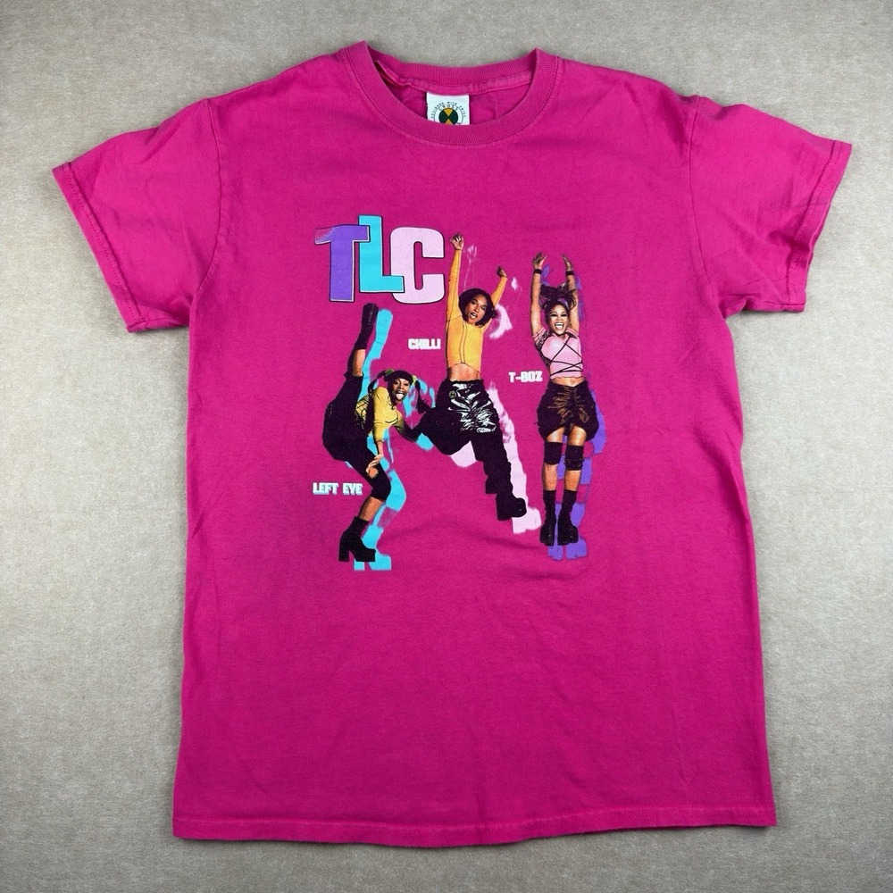 TLC Shirt Women's S Pink Graphic Tee Left Eye T-Boz Chilli Cross Colours Hip Hop